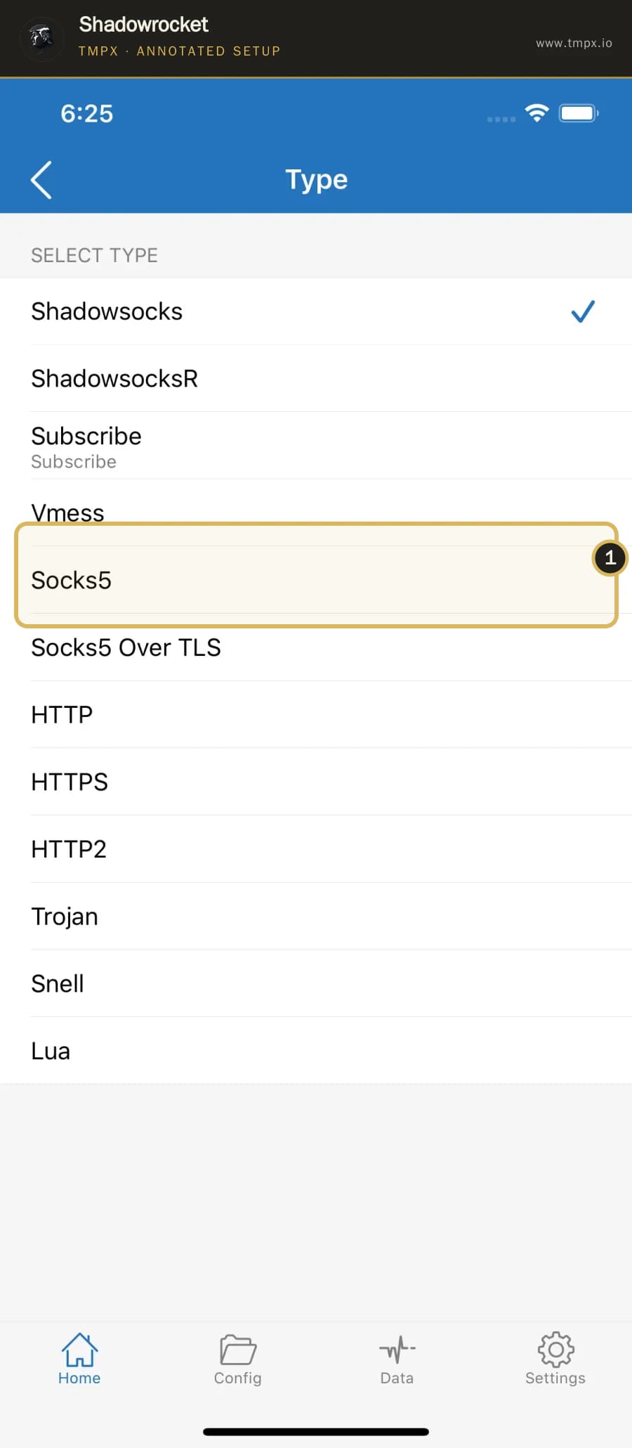 Annotated Shadowrocket server type list highlighting the Socks5 protocol